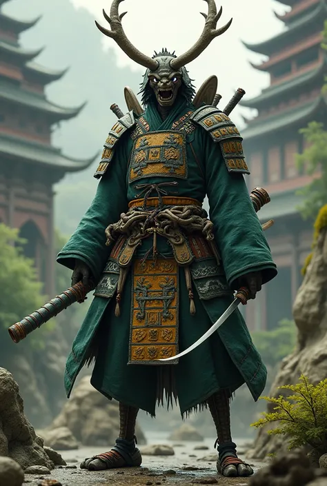 man insect head and body, 
wears samurai clothes