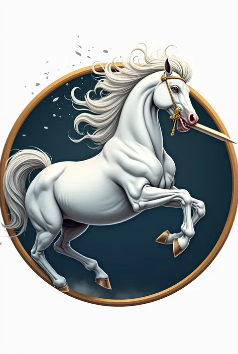 Logo of gallant white horse galloping biting sword in round shape