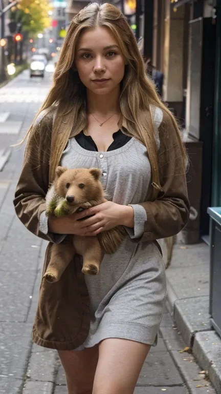 Young Beautiful blond long hair girl walking with Grizzly bear cub on the street in Vancouver. 