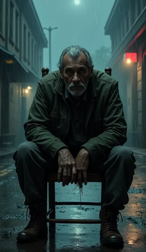 A man sits on an old chair in the street at night in the rain 