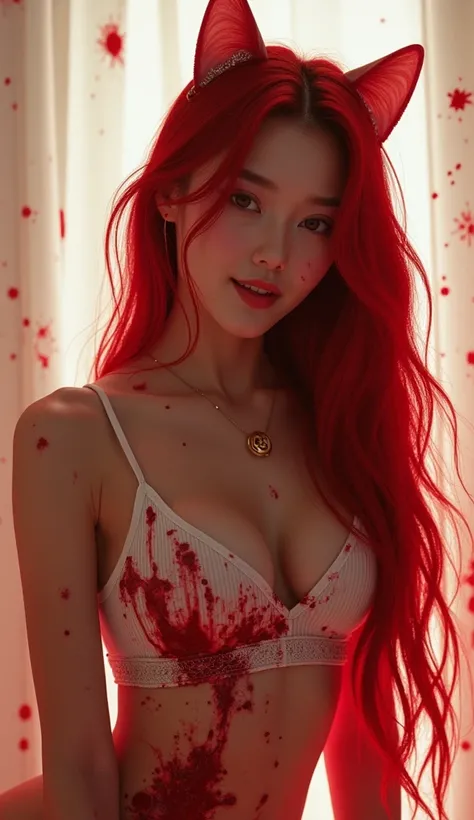 (((photorealistic:1.4))), ultra realistic, pores, (((masterpiece))),high quality, ultra details, realistic white skin beautiful smiling face pretty korean idol girl with long sharp golden shiny fingernails, blood on body, beautiful eyes, looking at camera,...