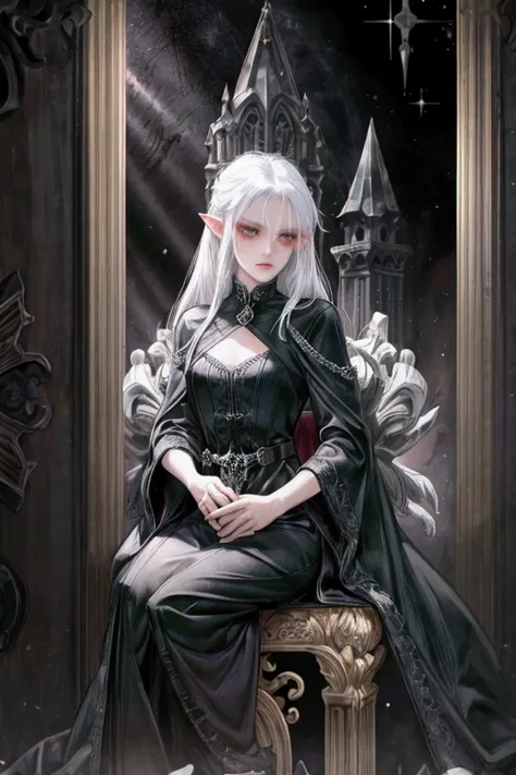 masterpiece, Best Quality, 1 young woman, white hair and silver eyes, sitting on a throne made of obsidian in a dark room, Gothic, dressed in a black spy jumpsuit, pointy ears, eleven, defiant look. 