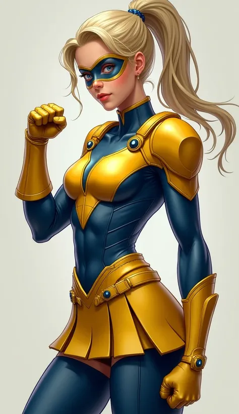 female teen ponytail blonde superheroine wearing yellow and blue armored onepiece skintight with skirt, belt, eye mask in clench her fist, fullbody picture