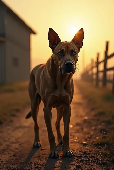 A brown dog stands on a farm, standing on the dirt. He stares ahead, his eyes wide and fearful. In the background, you can see the simple structure of a farmhouse and some fences in the distance, with the late afternoon light casting long shadows and creat...