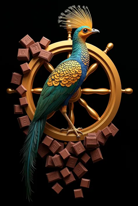 A simple quetzal on a gold wheel and combining bars and squares of chocolate on a black background with square letters saying "Golden quetzal" and below some letters saying Chocolateria combining colors between chocolate brown and gold.
