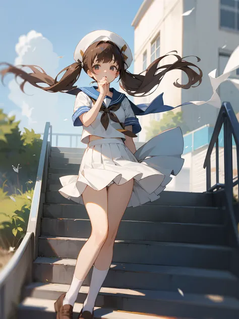 School stairs、One girl、The wind is blowing up my skirt、She is holding her skirt down with her hands、White panties are visible、Brown Hair、Twin tails、Sailor suit