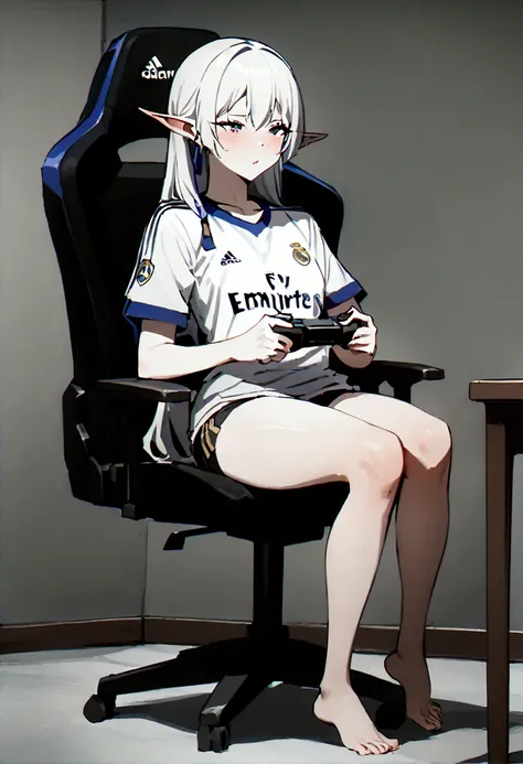 (best qualityer, work of art),sexually,  erotic, 18+, NSFW, 1 girl, 1 , dressed in the Real Madrid shirt, elf ear , 4k image quality , standing, straight posture , short shorts ,  sitting in the games chair , playing video game, legs open showing 