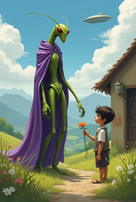 Insect-like alien Praying Mantis, long humanoid body, wearing a purple blanket. He is standing in front of a house in the countryside , a humble country boy wearing a hat offering a flower Above the house a spaceship 