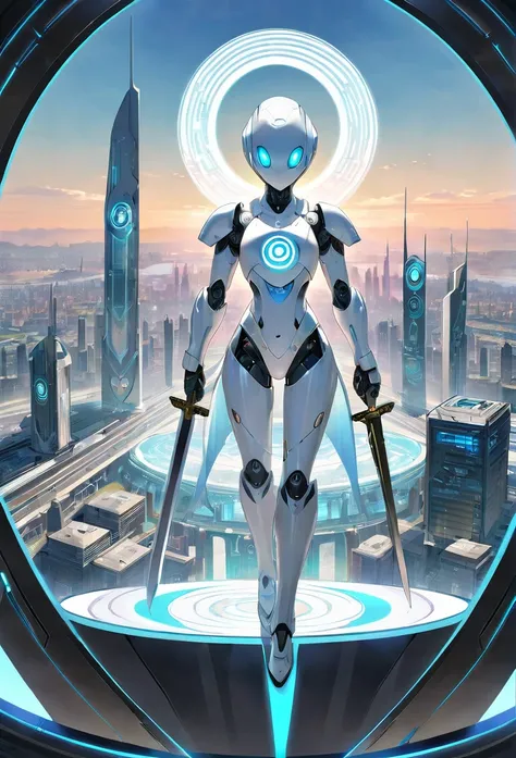 robot, hologram of a dear, number 0, white armor, sword, oval head, metal body, futuristic city