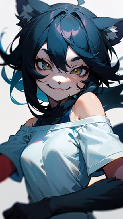 masterpiece, Full-HD, females, kemono, furry face, evil smiling, with crazy eyes,dancer, drop shoulder tee, looking at viewer,  white background, upper body, dutch angle shot