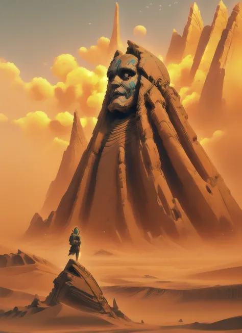 a sci-fi scene, draw of a place, giant ancient statue head inspired in india, surounded by dunes in a desert at sunset, post-apocalyptic vibes, futuristic glow, cyberpunk style