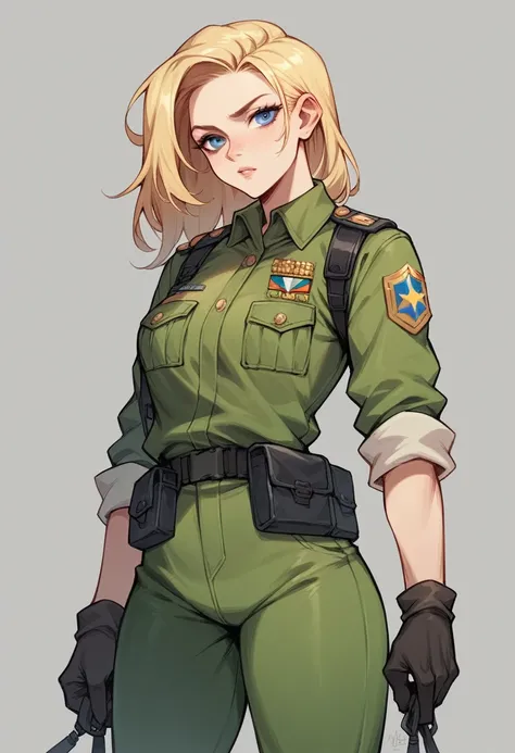 A blonde woman with blue eyes wearing the uniform of a Brazilian Army Lieutenant 