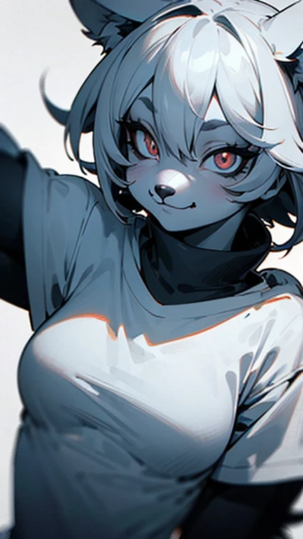 masterpiece, Full-HD, females, kemono, furry face, evil smiling, with crazy eyes,　with crazy eyes, dancer, drop shoulder tee, looking at viewer,  white background, upper body, dutch angle shot