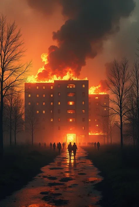 Psychiatric hospital on fire, black smoke pouring out of the windows as the fire consumes the building.