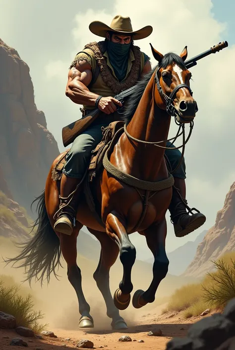 Mexican orc cowboy guerrilla on horseback with rifle