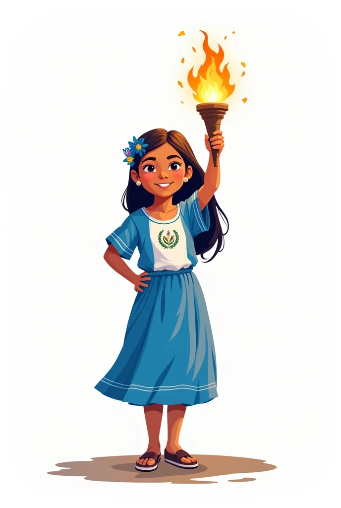 Drawing of a girl holding a torch, dressed in the colors of the Guatemalan flag, light blue and white, on a white background.