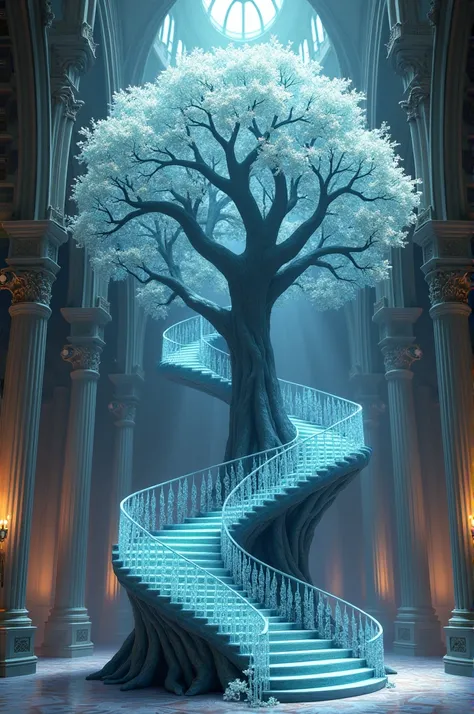 In the castle hall there was a gigantic tree that grew with crystal flowers and leaves. , an elegant staircase curved around the tree and the steps floated in the air as the stairs spiraled towards the upper levels of the castle