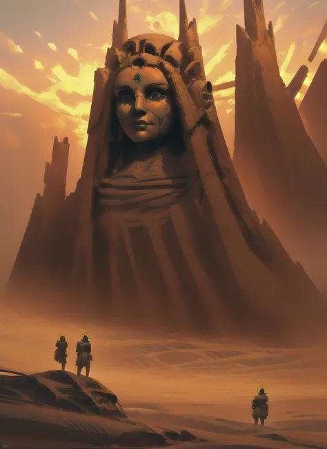 a sci-fi scene, draw of a place, giant ancient statue inspired in india, surounded by dunes in a desert at sunset, post-apocalyptic vibes, futuristic glow, cyberpunk style