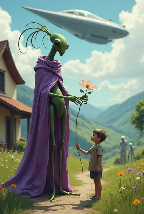 Male Alien Praying Mantis Insect, long humanoid body, wearing a purple blanket. He is standing in front of a house in the countryside , a humble country boy wearing a straw hat, is offering a flower. In the background there are 1 white grey aliens. Above t...