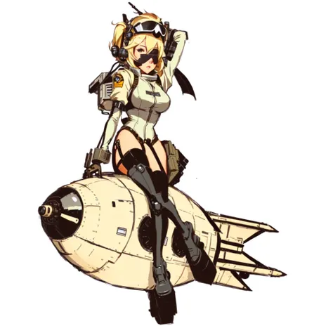 there is a cartoon image of a woman riding a jet, mechanized valkyrie girl, 70s jetfighter pilot girl, steampunk pin-up girl, cel shaded!!!, kantai collection style, cel shaded:15, pinup, pilot girl, nier automata spaceship style, cute pilot girl, dieselpu...