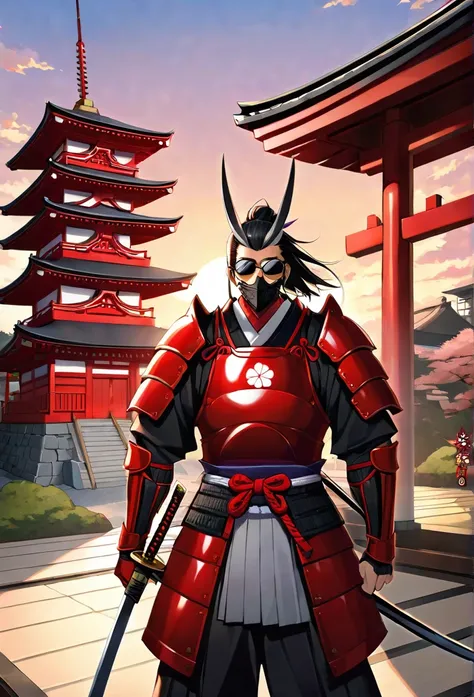 Samurai, red and black armor, crane for years, Sunglasses, Sunset, japanese temple, of swords