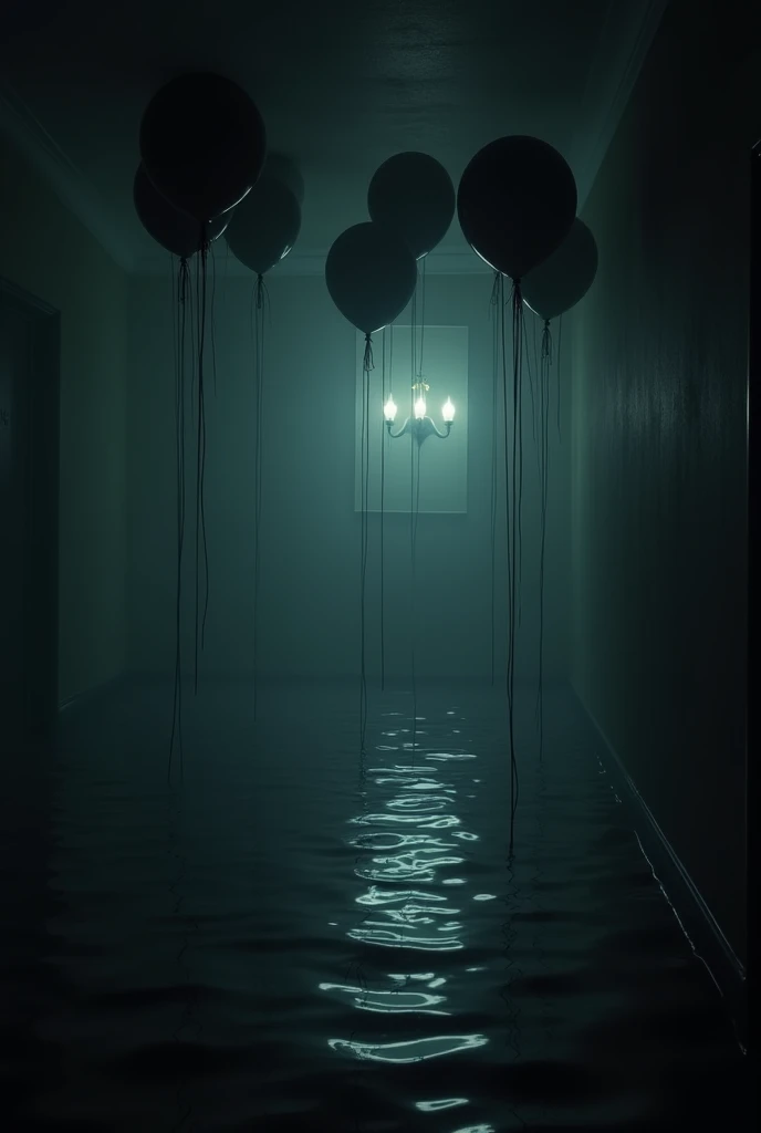 Dark room in flood. There are lots of balloons on the ceiling, and these balloons are black. The room is dark. PICTURE REALISTIC 