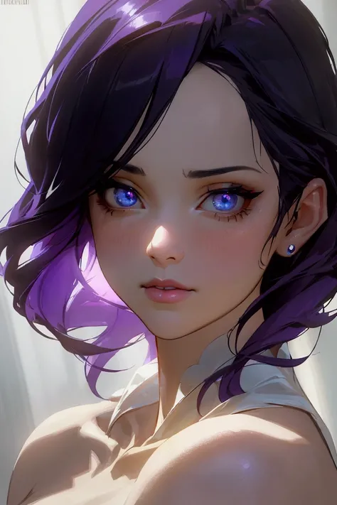 A beautiful woman named Sarah, with black hair and purple tips, face turned to the right, looking directly at the viewer, intricate detailed portrait, highly detailed facial features, mesmerizing eyes, delicate lips, flawless skin, cinematic lighting, dram...