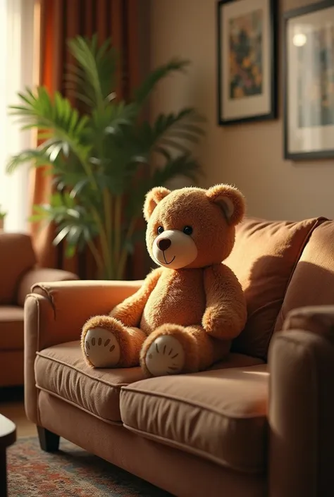 a teddy bear sitting on a couch in a cozy living room, (best quality,4k,8k,highres,masterpiece:1.2),ultra-detailed,(realistic,photorealistic,photo-realistic:1.37),warm lighting, soft focus, plush teddy bear, intricate details, comfortable living room, armc...