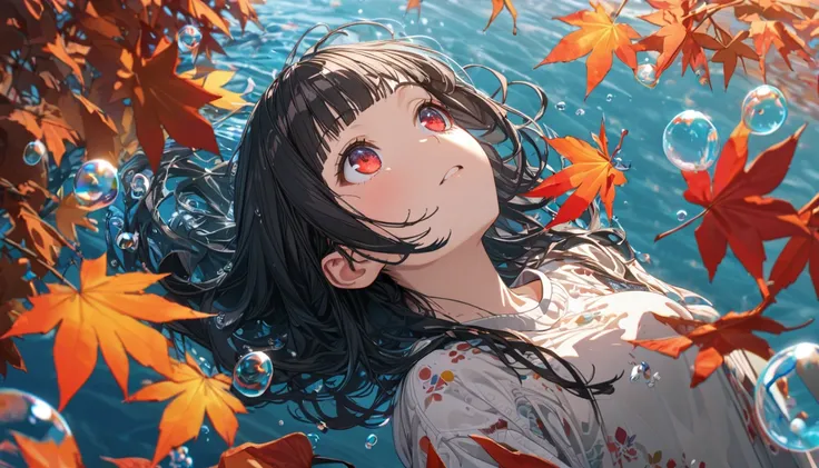 strong feeling、Looking up at the sky、autumn leaves、autumn leavesの葉、autumn、Shortcuts、blunt bangs、Red eye color、Super detailed, 8k, bubble, Right blue water, nice, bright、BLACK Hair Girl、Splash