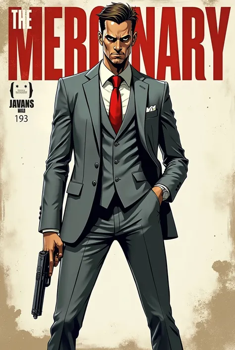 Create a comic book style cover that says The Mercenary and is of a skinny comic book style man in a grey comic book style suit. 