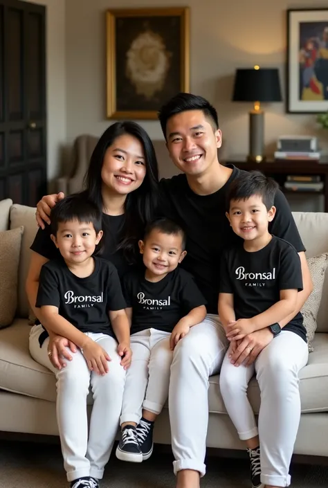 Create a Filipino family picture A mother woth black long hair, a father with clean cut hair, a  boy,a  boy, a  boy and a 2byears old baby boy theyre wearing a Black t-shirt with the text bronsal family, white jeans, black sneakers,setting on the couch.bac...