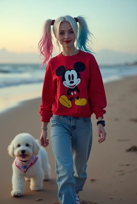 cinematic image portrait of Harley Quinn with a midi size body, platinum hair divided into two parts and colored pink and blue, she has blue eyes, red lipstick, small heart tattoo, black color, her face and she is wearing a red Mickey sweatshirt, jeans and...