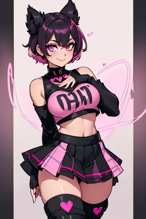 female, black and gold short hair, pink eyes, (((1girl))), (((black crop top with pink heart on chest))), (black fingerless gloves), (black and pink pleated plaid skirt), ( pink thigh high socks with white stripes), (black knee high boots), cute and sexy, ...