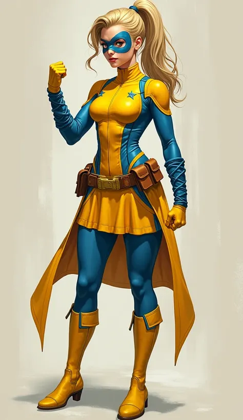 female teen ponytail blonde superheroine wearing yellow and blue onepiece skintight with skirt, belt, eye mask in clench her fist, fullbody picture