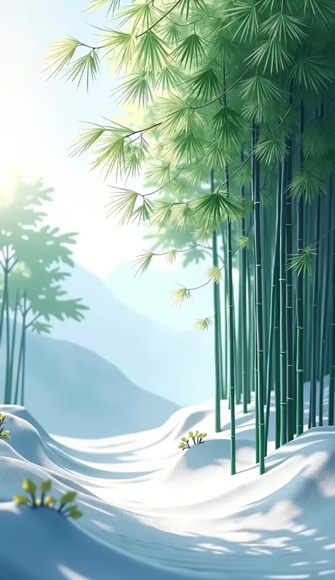 The wind sways the bamboo leaves、landscape with snow。Depth of field effect。