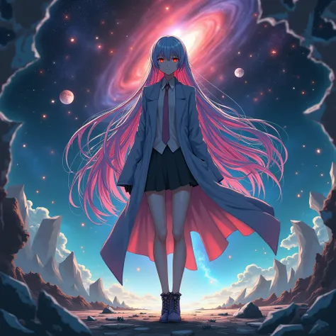 ((Fantasy　Rainbow Hair　Long Hair　Dull red eyes　Have a galaxy　uniform　Put on a coat without putting your arms through it　Lonely　despair))　((Tears　gloves))　(Broken glass　Distorted Space-Time　star　moon)　Catch the wind　fall　Shining Background　Particles of ligh...