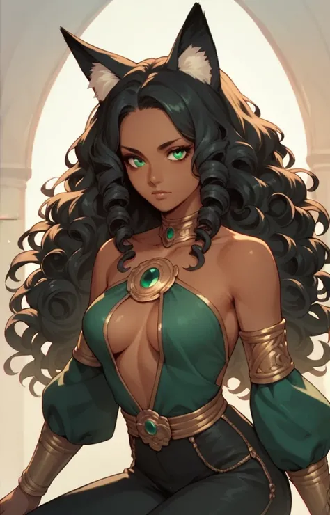 beautiful dark-skinned woman, black curly long hair,fox ears green eyes, medium breasts. Arm cover over chest mad. Black pants 