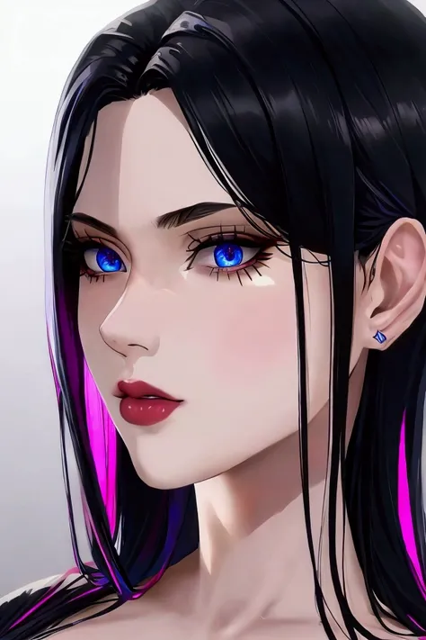 A beautiful woman named Sarah, with black hair and purple tips, face turned to the right, looking directly at the viewer, intricate detailed portrait, highly detailed facial features, mesmerizing eyes, delicate lips, flawless skin, cinematic lighting, dram...