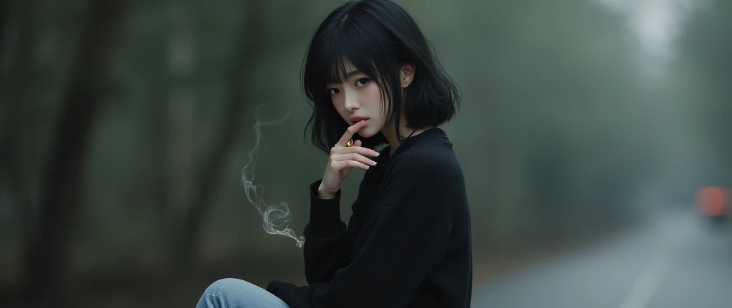 Generate me a  young woman with shoulder length black hair, with black sweater and light blue jeans. She holds a cigarette in her hand