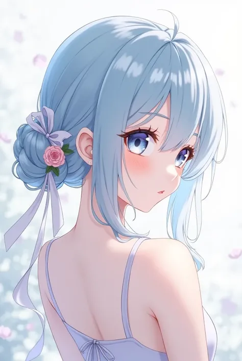 Anime girl with pale blue hair pulled into a single bun that is tied with a white ribbon that has a pink rose on it. She has long side bangs that part from the middle and reach past her jaw, and has no front bangs.