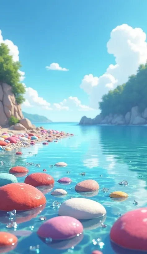 A beautiful seaside scene where the clear water reflects smooth stones in soft pastel colors such as red, pink, blue, white, green, and yellow, along with crystal-like shining glass pieces. The water is calm, and the blue sky and white clouds are mirrored ...