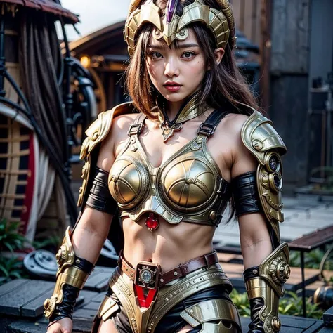 masterpiece, (Ultimate Quality:1.2), 8k, A Japanese woman wearing scorpion-shaped armor, Showing a little skin between the armor,scorpion, Gold base with red and black accents, Very beautiful face, Purple Lip,Purple Eye Shadow,Elf Ears,Two horns from the h...