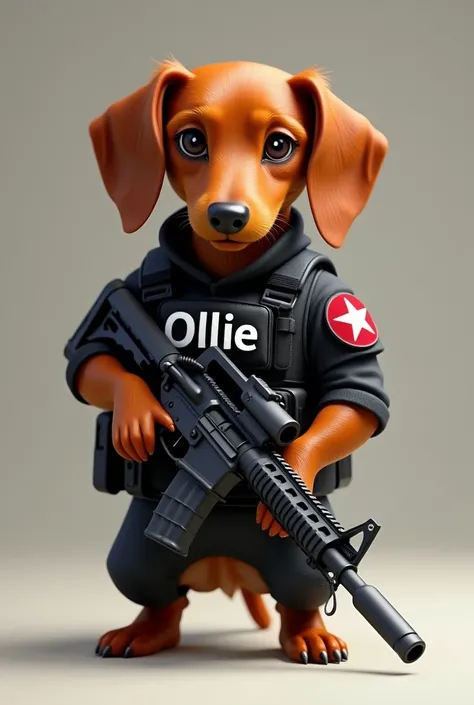 Red short hair dachshund wearing black plate carrier that says Ollie holding a M4 with a red star patch