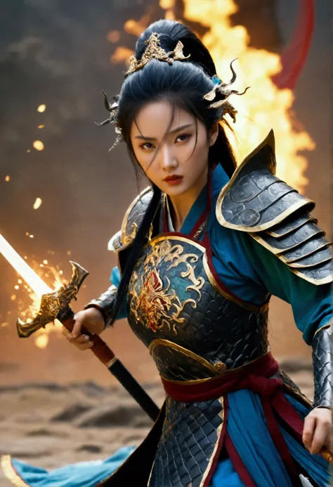 a detailed oriental aristocratic fantasy scene, multiple characters with distinct faces, a female warrior wielding a halberd, fighting against a monstrous army, (best quality,4k,8k,highres,masterpiece:1.2),ultra-detailed,(realistic,photorealistic,photo-rea...