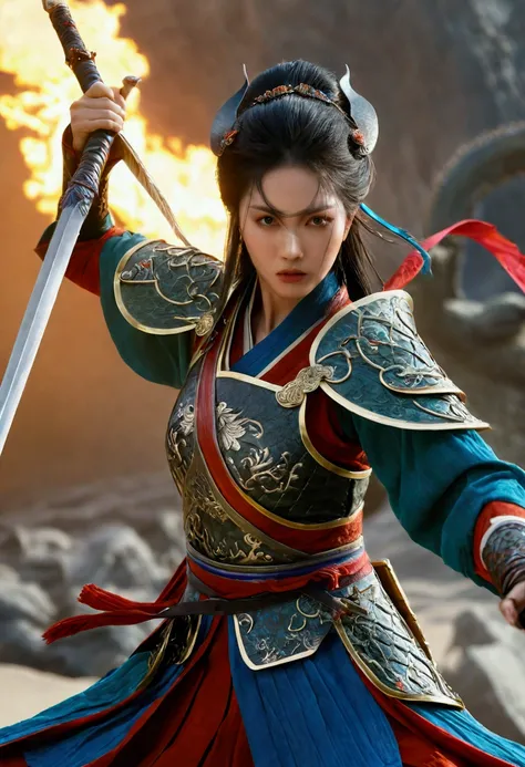 a detailed oriental aristocratic fantasy scene, multiple characters with distinct faces, a female warrior wielding a halberd, fighting against a monstrous army, (best quality,4k,8k,highres,masterpiece:1.2),ultra-detailed,(realistic,photorealistic,photo-rea...