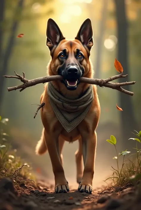 Belgian Malinois with bandana and twig in mouth