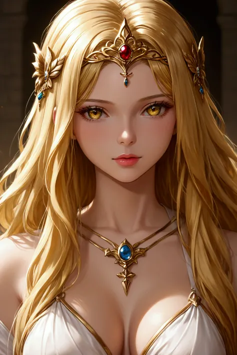 A female rpg character full beautiful and attractive, fantasy valkyrie cleric of light, tiara golden, blonde hair, yellow eyes