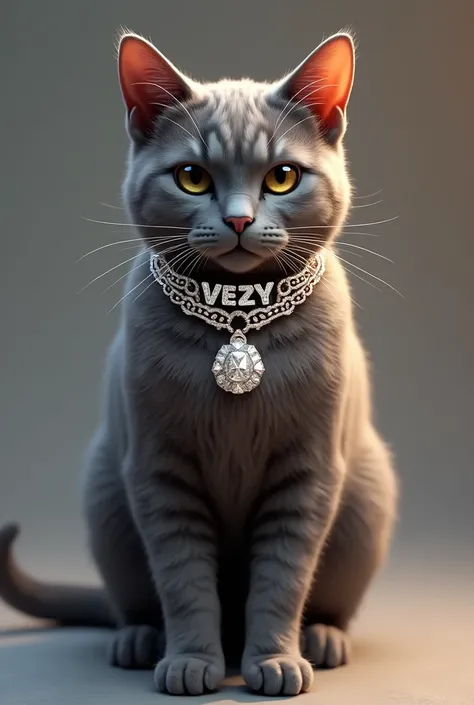 realistic cat wearing a diamond chain that says Vezy