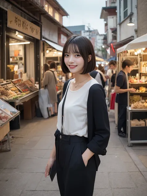  1girl, solo, highres, best_quality, masterpiece, detailed_background, intricate_details, beautiful, bob_cut, casual_clothes, standing_pose, street_market, evening, smile, looking_at_viewer, dynamic_pose, natural_pose, candid, happy