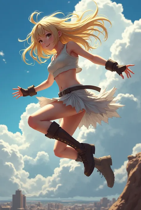 (cowboy shot), sfw, (work of art), (best qualityer:1.0), (ultra high resolution:1.0), detailedeyes,
BREAK Ada Wong , 1 girl, long blonde hair, mid-air, flying hair band, (offwhite) top cut, manga curta, layer, blue pencil skirt, mitts, BREAK boots
(clouds,...